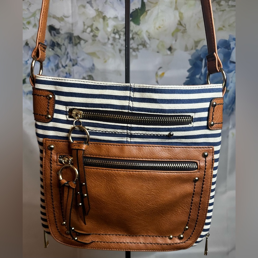 ALDO Striped Navy Blue and White with Brown Leather Women's Crossbody Bag